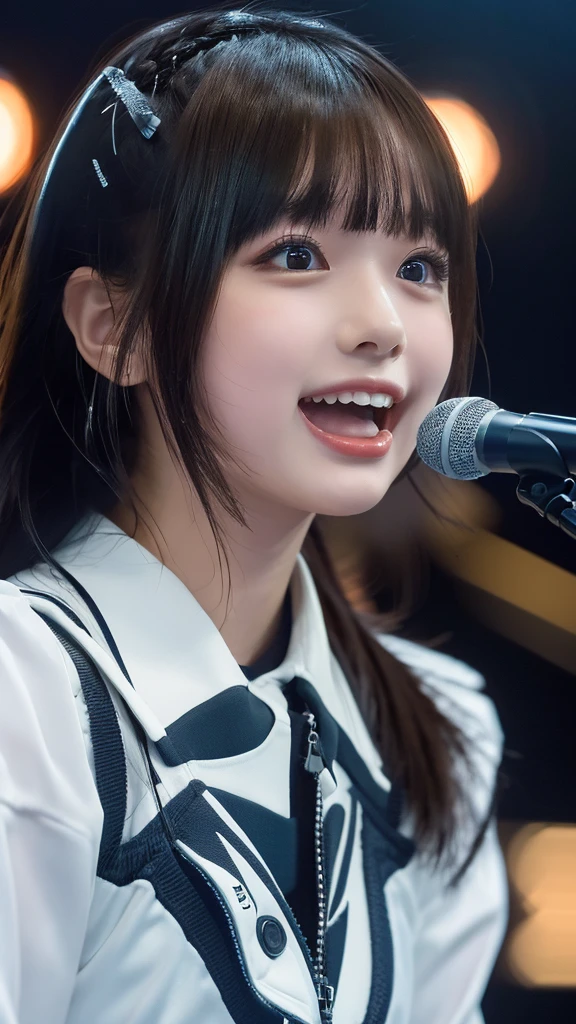 ((masterpiece, Highest quality, High resolution)), Japanese high school girl、(Realistic: 1.4), With a smile、Blushing、Open your mouth wide、Great face,Glossy lips、, Up Twin Tail、(Beautiful Hair:1.5),Idol Costume、Beautiful legs、On a packed stage、Sing with a microphone、Gazing at the audience、Front angle, Smooth, Highly detailed CG composite 8K wallpaper, High resolutionのRAWカラー写真, Professional photography, Light, BackLight, impressive, Written boundary depth, (Face close-up:1.5)