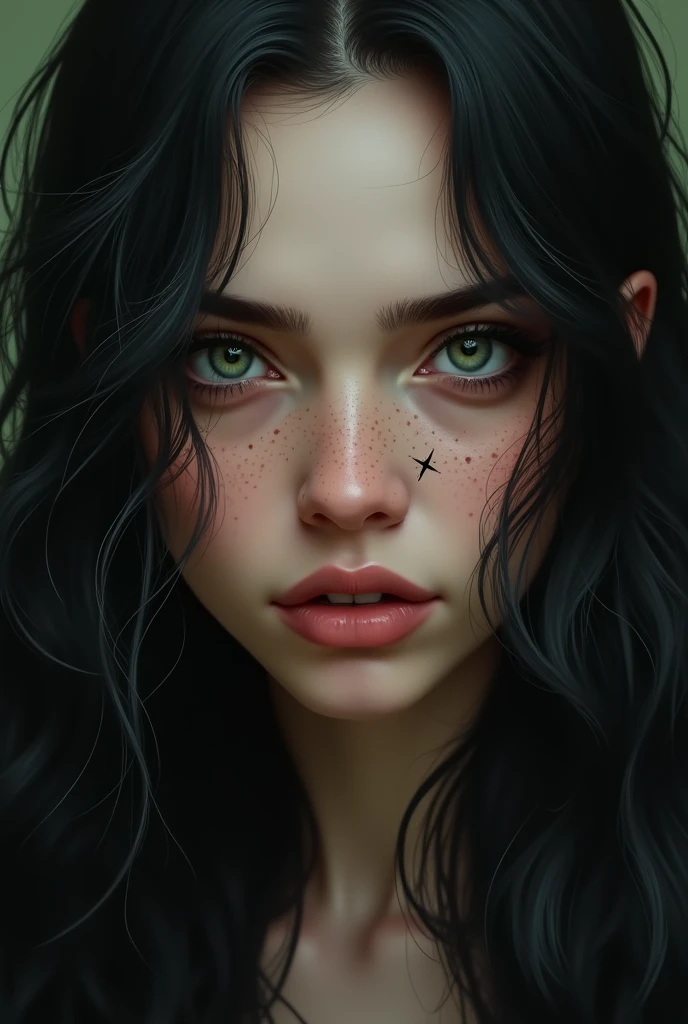 Woman with long black wavy hair, with green eyes freckles and a scar on the upper lip 
