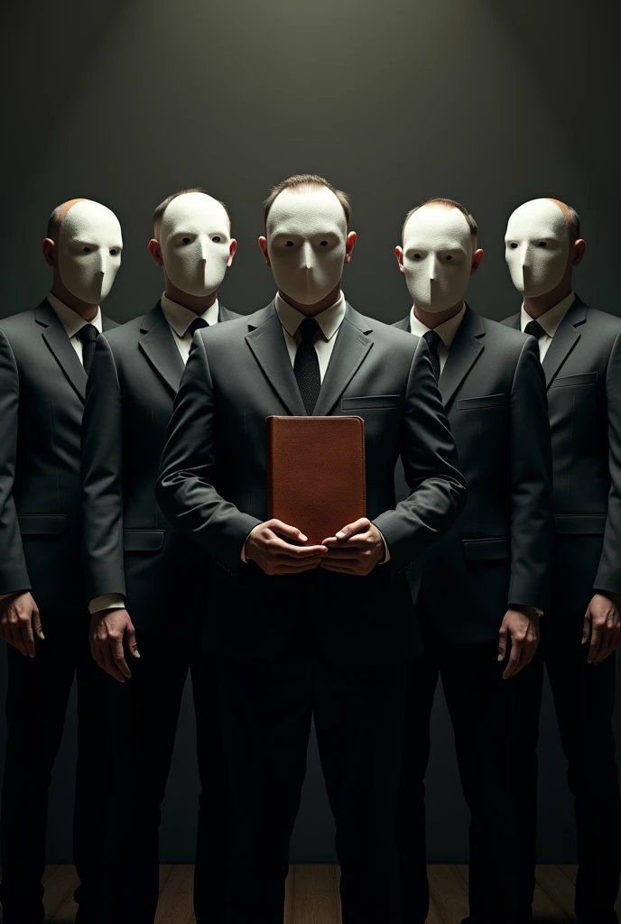 5 men in suits and with their faces covered by masks standing side by side holding a bible with a light dark background