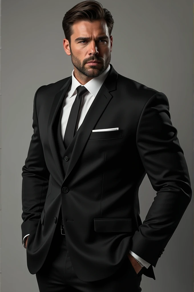 A man in a black suit of Italian descent, brown hair, dressed in a suit, with a muscular body