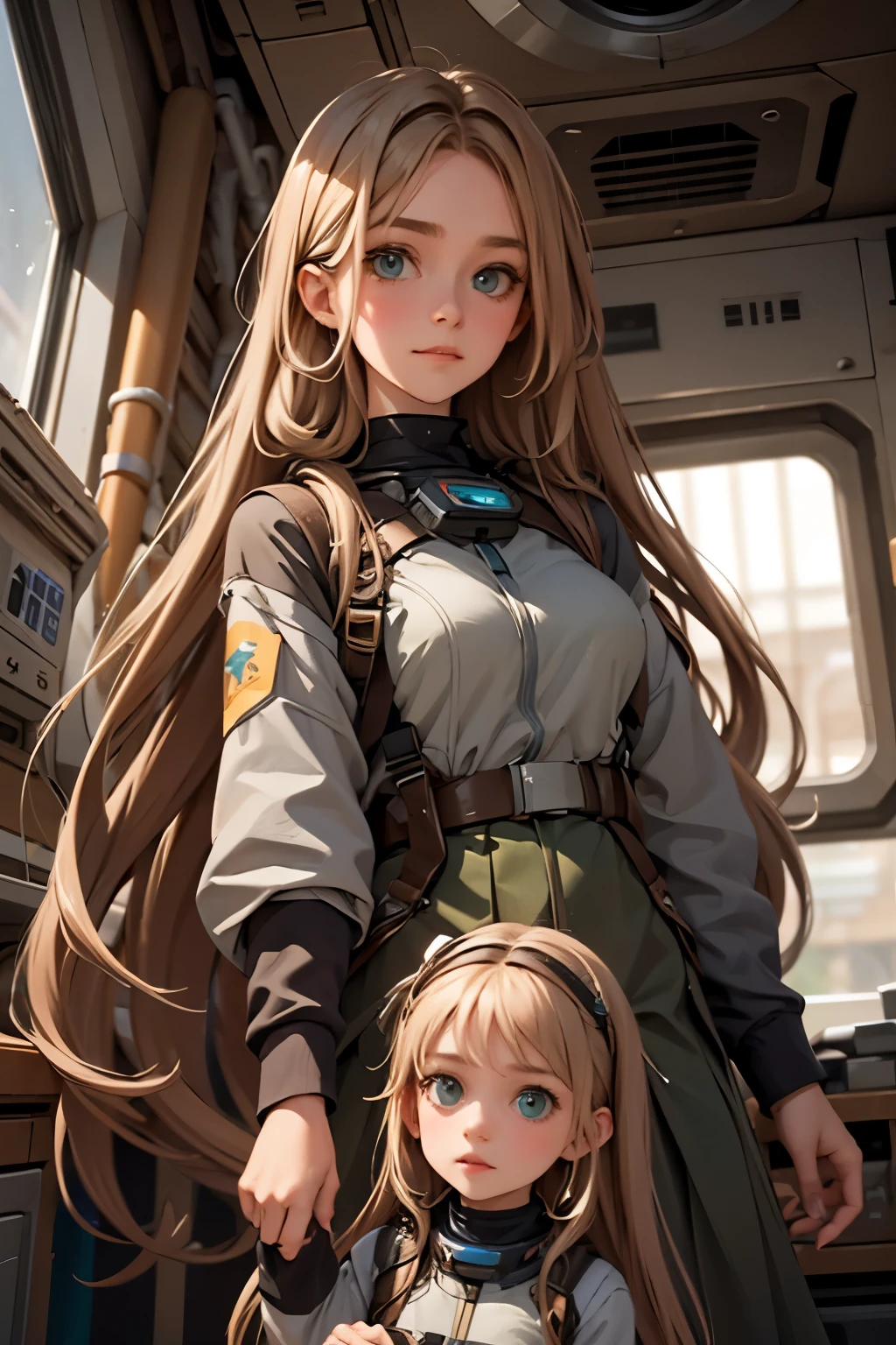 two little girls and a mother in a space station, a with long blond hair, a with long brown hair. Mom with long hair and dark green eyes