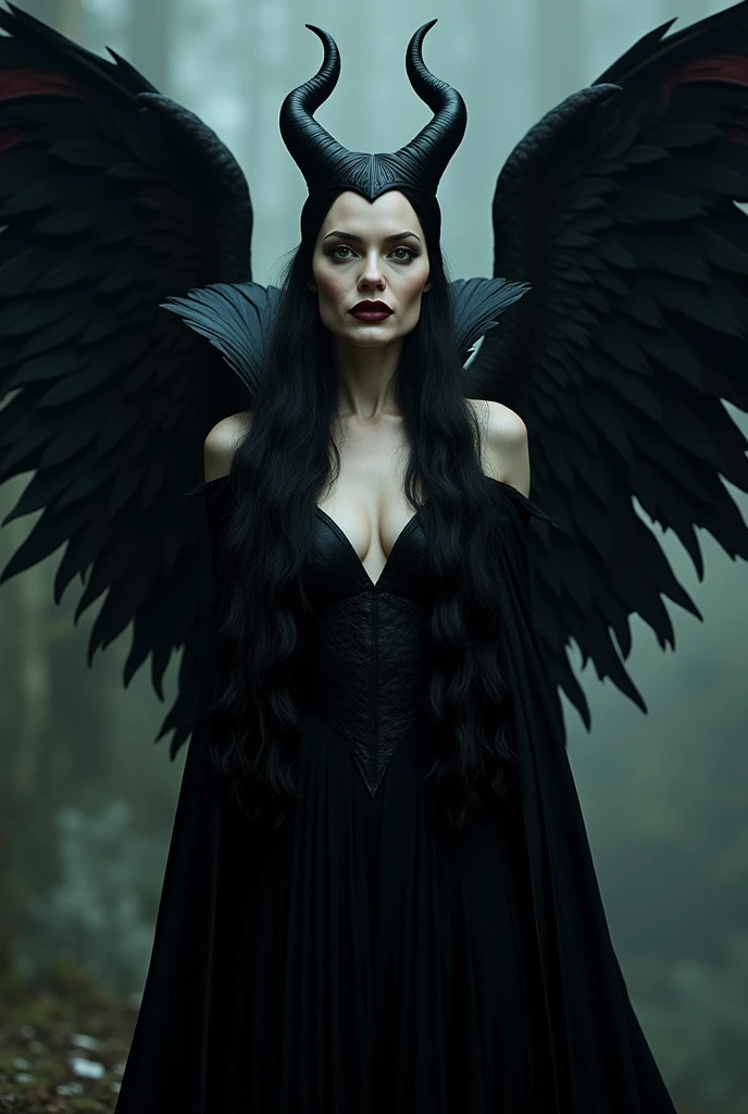 Maléfique Angelina Jolie avec ses belles ailes d'aigle aux belles plumes noir et ses beaux long cheveux noirs apparent ses cornes sont sur son front avec ses cheveux, elle ne porte aucune coiffe sur la tête. Elle sourit légèrement.