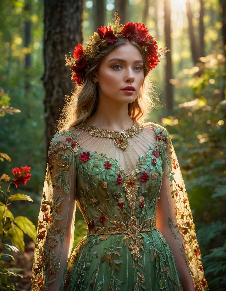 A girl in a forest, 1girl, detailed face, beautiful green eyes, detailed lips, long eyelashes, beautiful detailed face, extravagant expression, walking through the forest, wearing a long transparent dress adorned with red dried flowers and leaves, thread details Intricate gold, sunlight filtered through the trees create a vibrant halo on the silhouette, lush vegetation, flowers, vibrant colors, photorealistic, highly detailed, 8k, cinematic lighting, dramatic lighting, fantasy art, digital painting, masterpiece