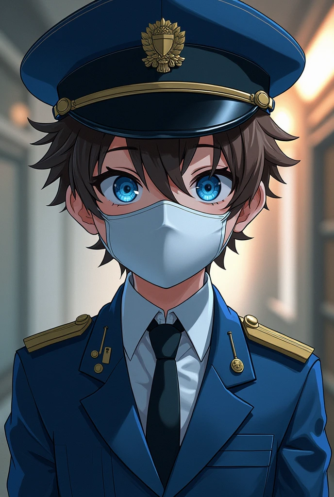 Japanese anime manga style young boy dressed in a train conductor's suit and cap with a face completely hidden by a white mask where we can see his blue eyes his hair in the shape of large brown curls