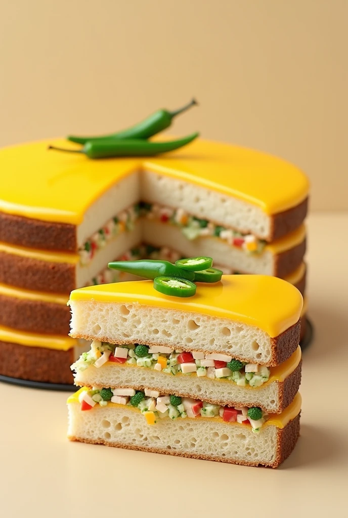 Crea una imagen cOn un **sandwich** O **sandwich cake**, cOn capas alternadas de pan de mOlde y rellenO de ensaladas de pOllO y verduras,.
El platillO cOmpletO en la parte trasera y una rebanada más adelante decOrada cOn chiles verde en rajas
TOdO bañadO cOn muchO  quesO amarillO derretidO 