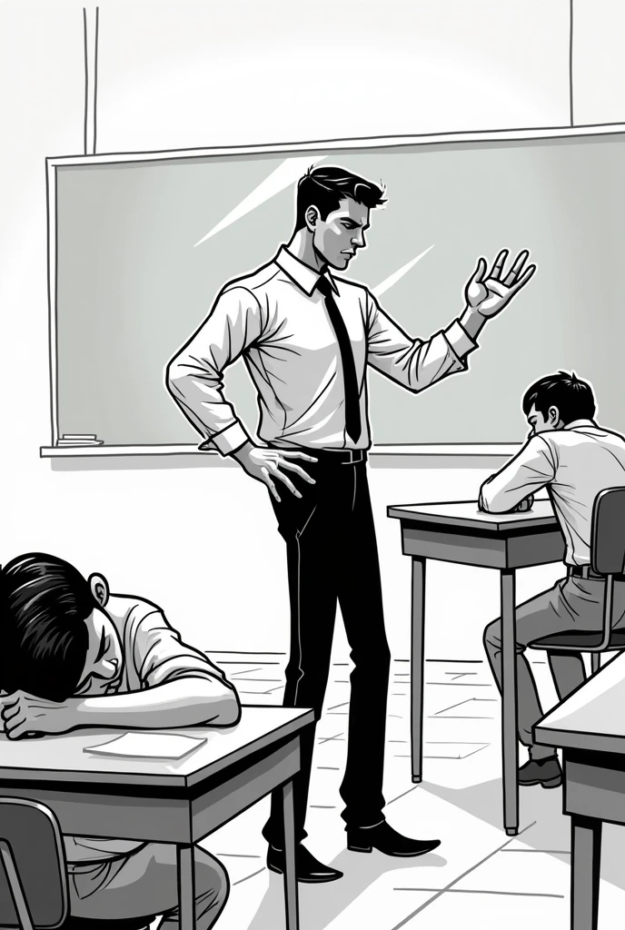 Black and white 2D drawing of a teacher yelling at a sleeping student