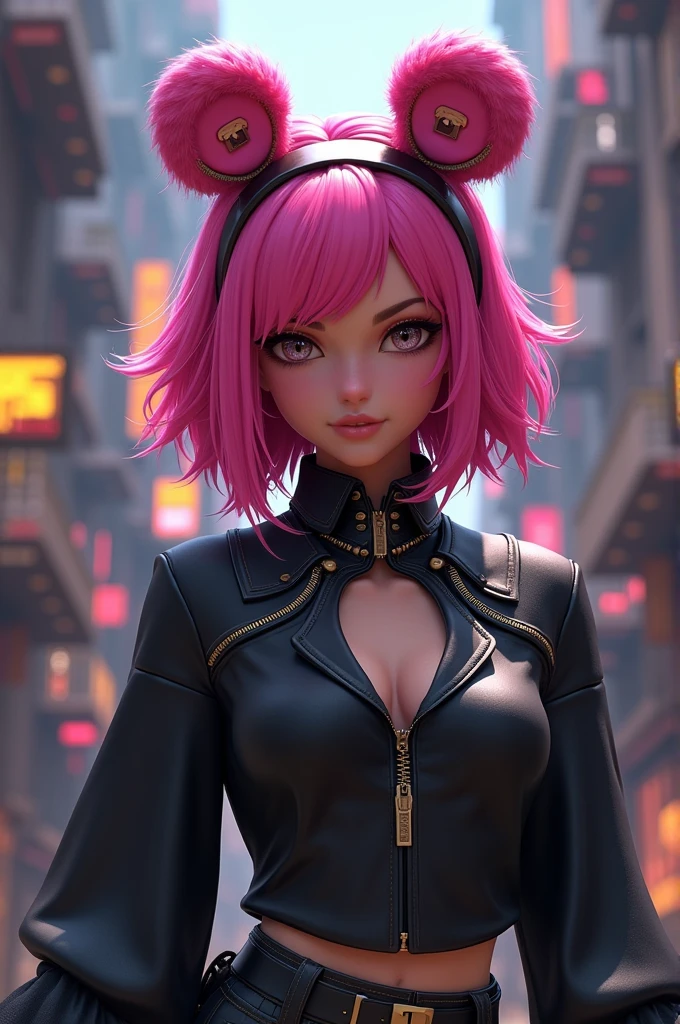 A character from the game Free fire, big hair pink hair color with bear ear headband, black shirt with Auta collar ,com asas nas costas, 3 d image