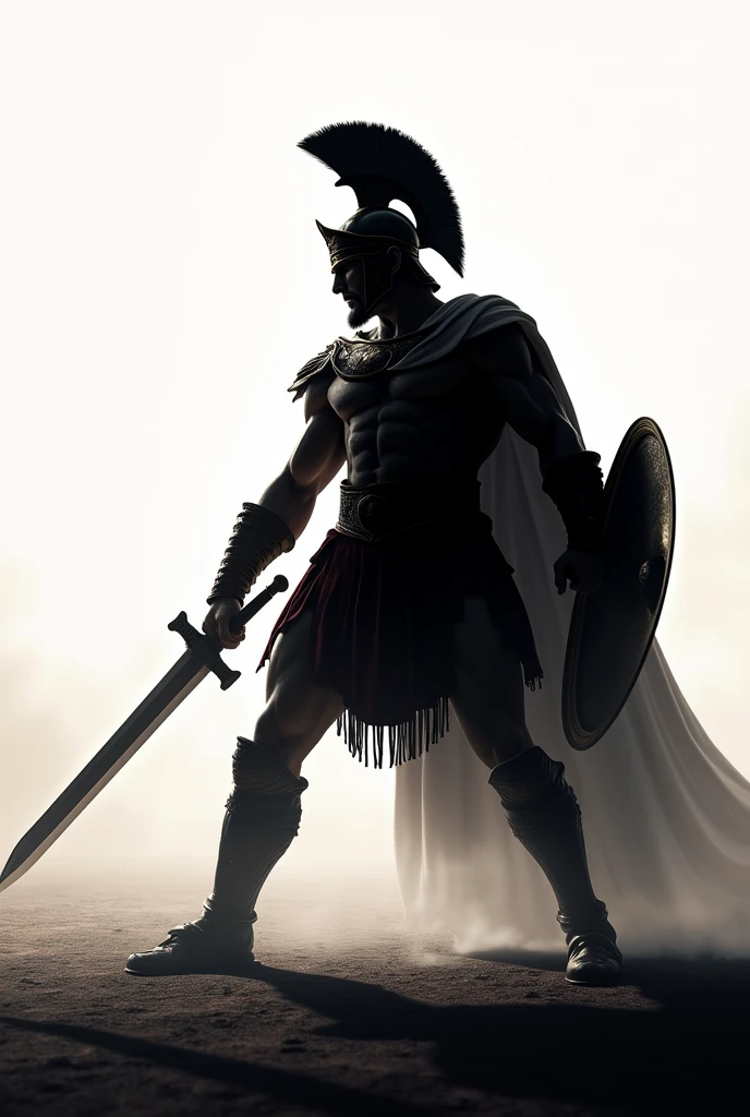 Full body silhouette of a Roman Gladiator in an attack pose with a sword in his hand
