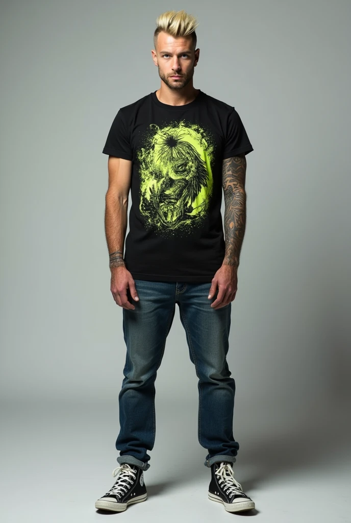 German man, full body picture, 35 years, tribal tattoo right arm, long unsightly scar on right arm, blonde dyed short mohawk cut, jeans and t-shirt with neon print, converse high shoes, significant face, blue eyes,