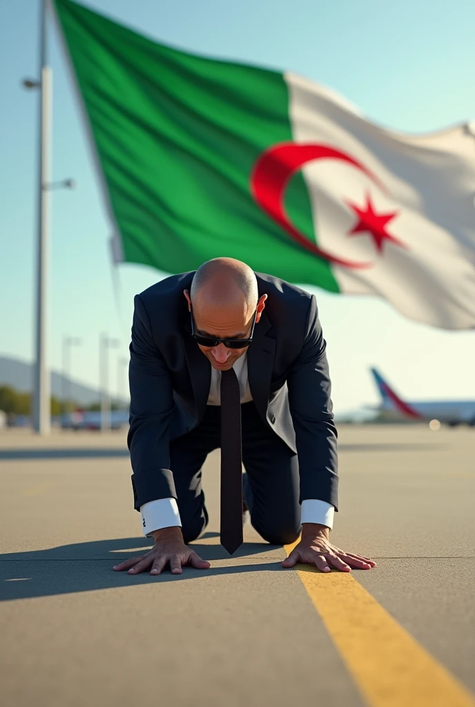 Algerian flag green white crescent moon 5-pointed star red a man kisses the airport tarmac in Algeria with a suit and sunglasses and a tie