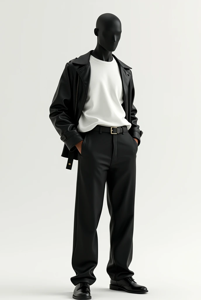 *he was wearing white a bit lose Tshirt, black pants with black belt and a leather jacket and black shoes. No face*