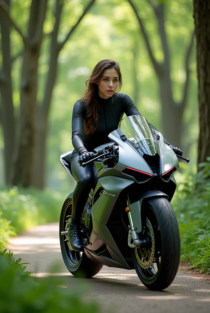 girl in bodysuit on cool bike in park