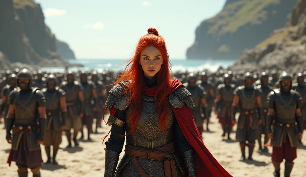 Army of warriors on the beach and a red-haired warrior in the middle