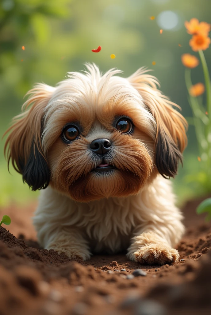 It&#39;s a scene of pure fun and adorable chaos.. O Shih Tzu, with its long, silky fur, is completely immersed in the game. His coat is slightly disheveled, with some strands of earth stuck here and there, giving an air of “professional explorer”. His eyes sparkle with a mixture of joy and mischief as he sinks into the soft garden soil..