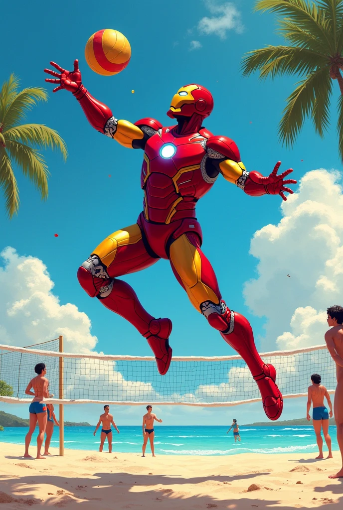 Drawing of iron man playing volleyball