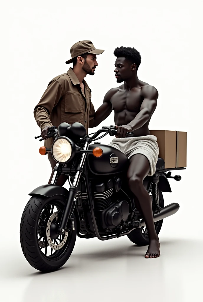 create a cover for an adult movie +18 with a white background where a delivery boy is on top of a motorcycle with a naughty look and a black guy with just a towel around his waist