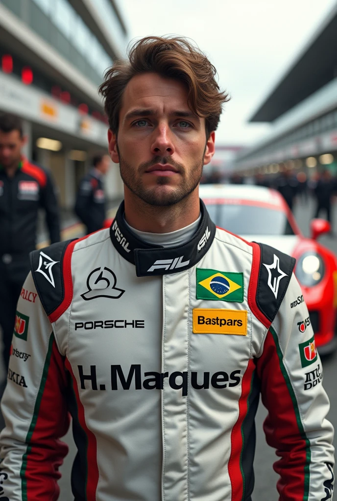 (Photorealism:1.2), Porsche Cup male driver with brown hair and eyes in front of the pitlane 8k ultra realistic write in The suits H.Marques with Brazil flag