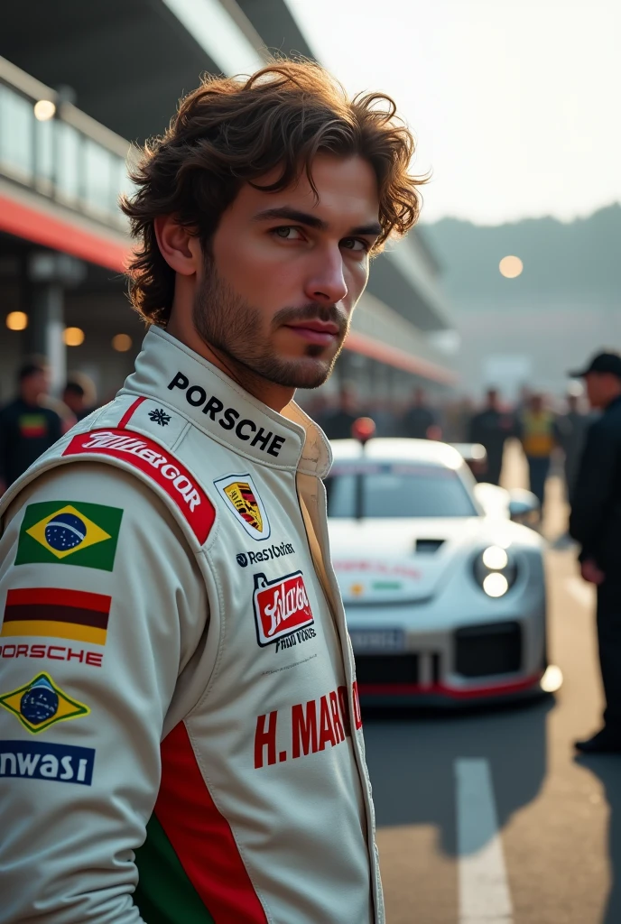 (Photorealism:1.2), Porsche Cup male driver with brown hair and eyes in front of the pitlane 8k ultra realistic write in The suits H.Marques with Brazil flag