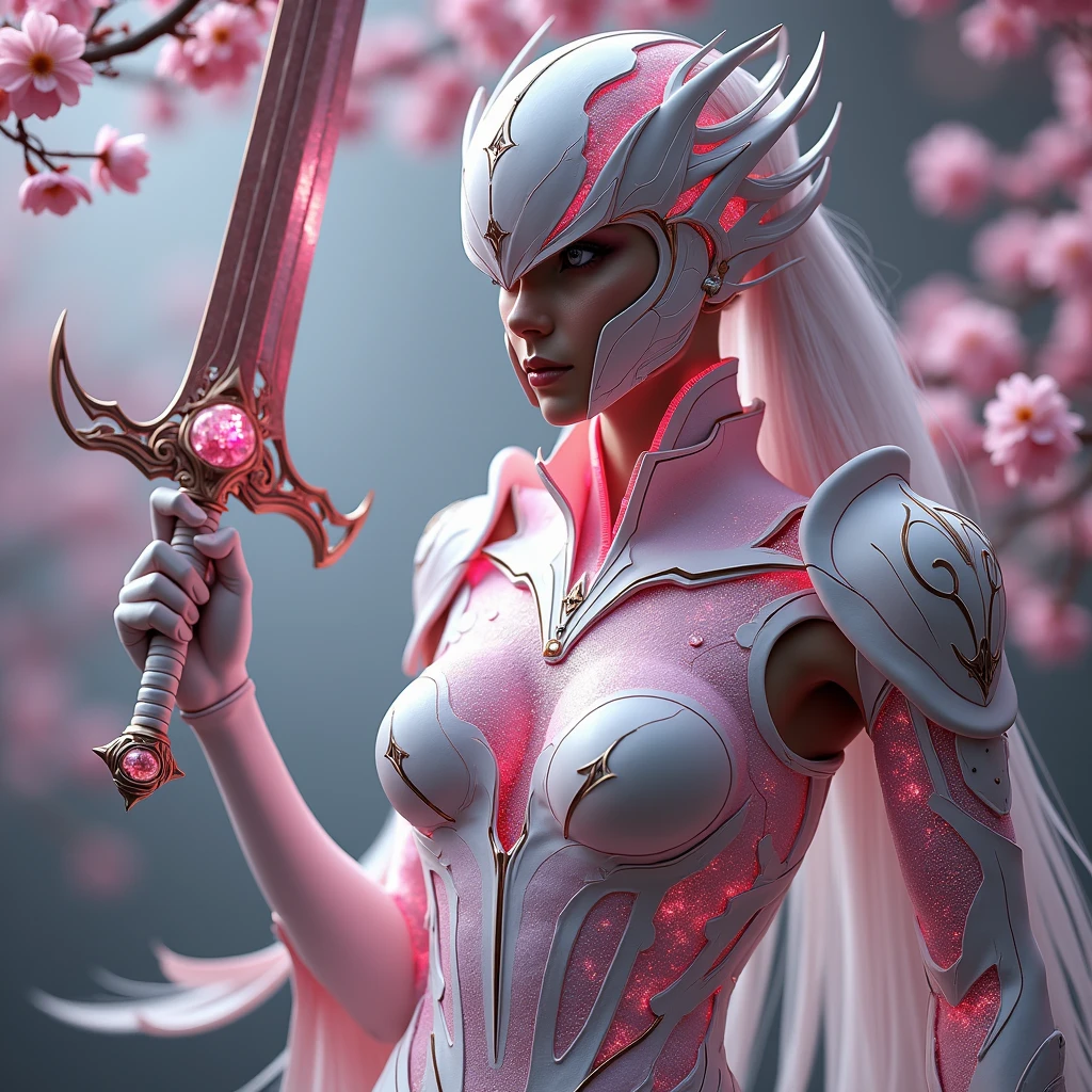 Sakurianas Warrior with the Sakura SwordThe tall, elegant warrior from the Sakurianas species is a vision of grace and power. She wears a unique armor made from a material that appears as delicate as Sakura petals but is 100 times stronger than diamond. The armor has a shimmering pink and white color scheme, resembling the natural hues of cherry blossoms. Intricate patterns of blooming Sakura flowers adorn the chest plate and shoulder guards, giving the armor an organic and fluid appearance. Her helmet, with a visor shaped like overlapping petals, completes the look, fitting perfectly to her form. Glowing pink veins of energy run through the armor, reflecting the regenerative and powerful nature of the wearer.In the warrior's hand is the Sakura Sword. This sword features a long, slightly curved blade forged from a pink metallic material that softly glows with a delicate aura. The blade is engraved with subtle designs of Sakura branches, which shimmer in shades of pink and gold as light hits it. The hilt is wrapped in pearl-white leather, adorned with rose gold accents, and at the base of the hilt, a small Sakura flower carved from rose quartz adds a final touch of elegance. The minimalist guard of the sword, decorated with small pink crystals, echoes the delicate branches of a cherry blossom tree.