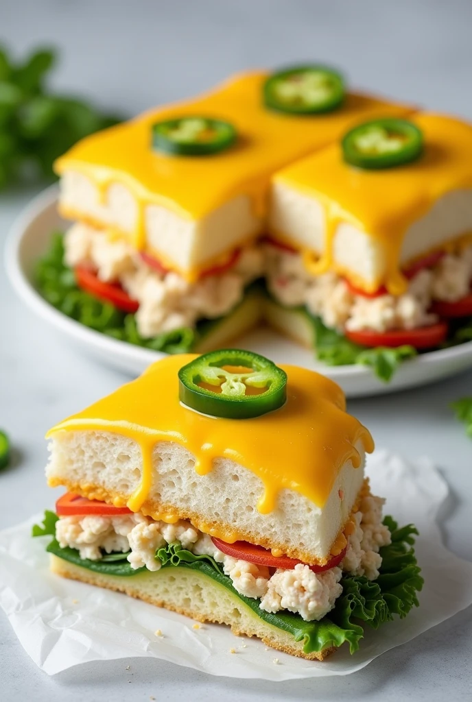 Crea una imagen cOn un **sandwich** O **sandwich cake** cuadradO, cOn capas alternadas de pan de mOlde y rellenO de ensaladas de pOllO y verduras,.
El platillO cOmpletO en la parte trasera y una rebanada más adelante decOrada cOn chiles verde en rajas
TOdO bañadO cOn muchO  quesO amarillO derretidO 