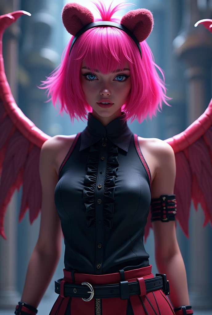 A character from the game Free fire, medium hair pink hair color with bear ear headband, black shirt with Auta collar ,with wings on the back