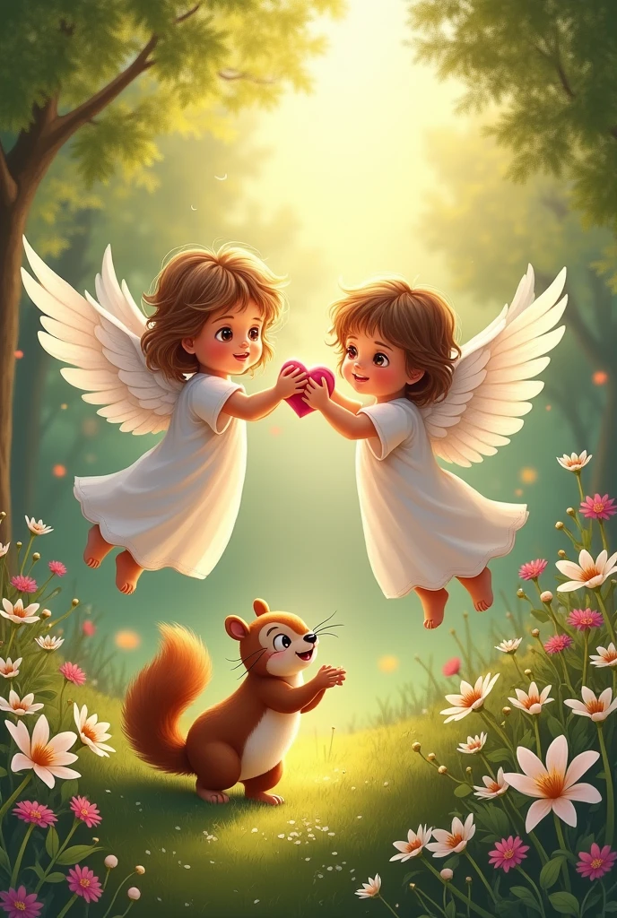 nut rescue, religious Christian holiday, summer,  greeting card , angels flowers post