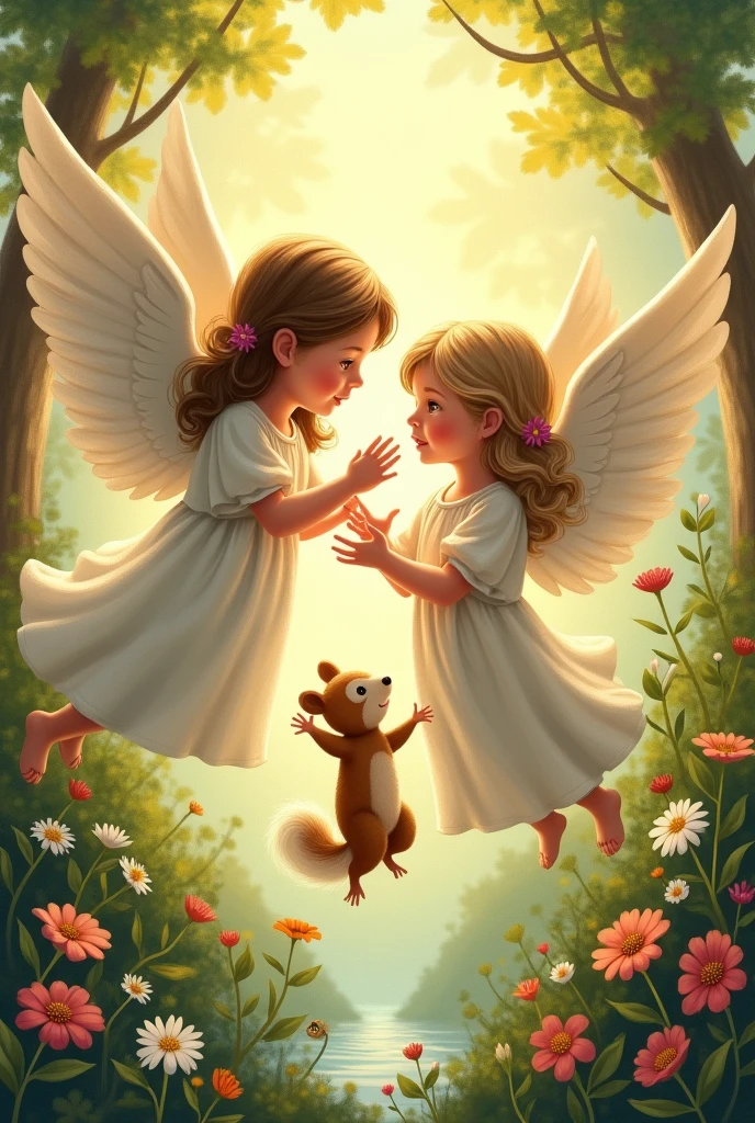 nut rescue, religious Christian holiday, summer, greeting card , angels flowers post