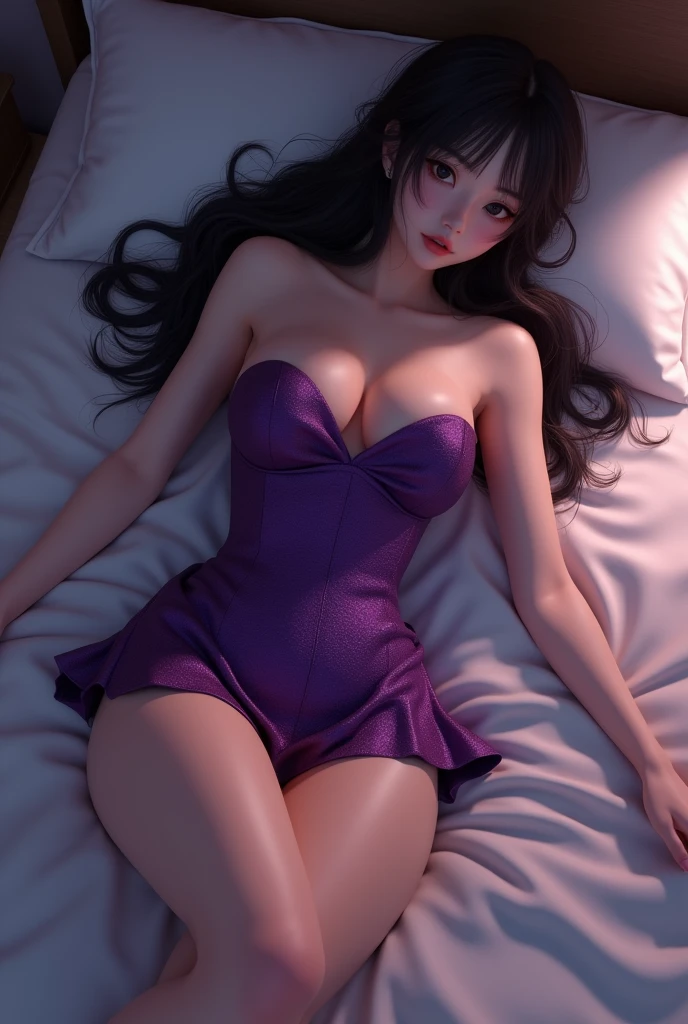 Japanese woman,  long hair, Sexy purple short dress lying on the bed