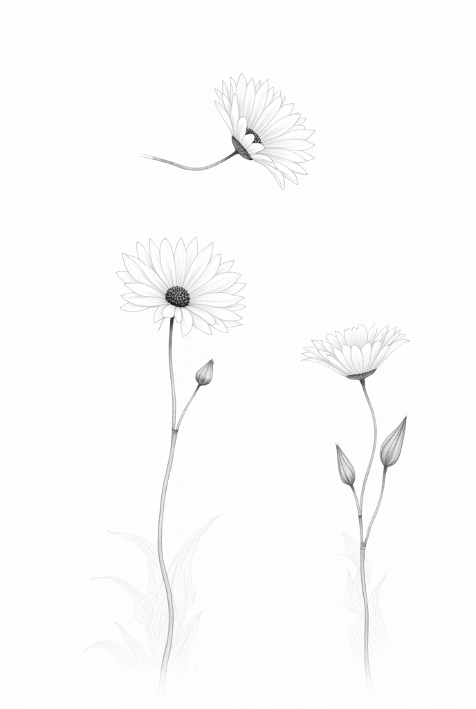 flowers, one flying and the other on the ground smelling a flower. The drawing is realistic and black and white and without color fill.. The drawing is only an outline