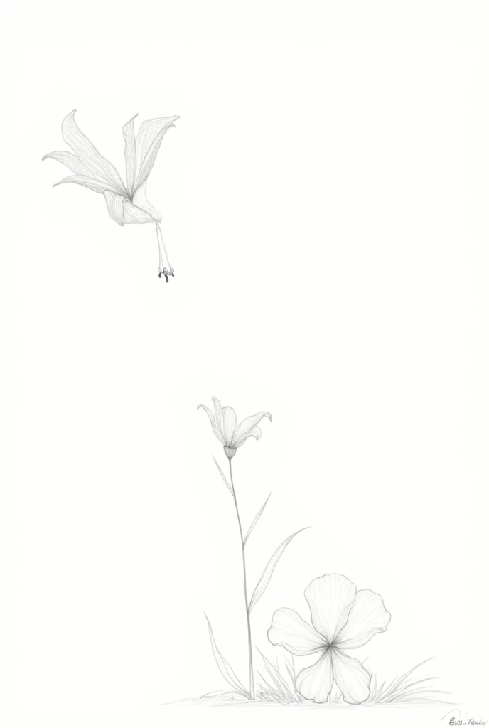flowers, one flying and the other on the ground smelling a flower. The drawing is realistic and black and white and without color fill.. The drawing is only an outline