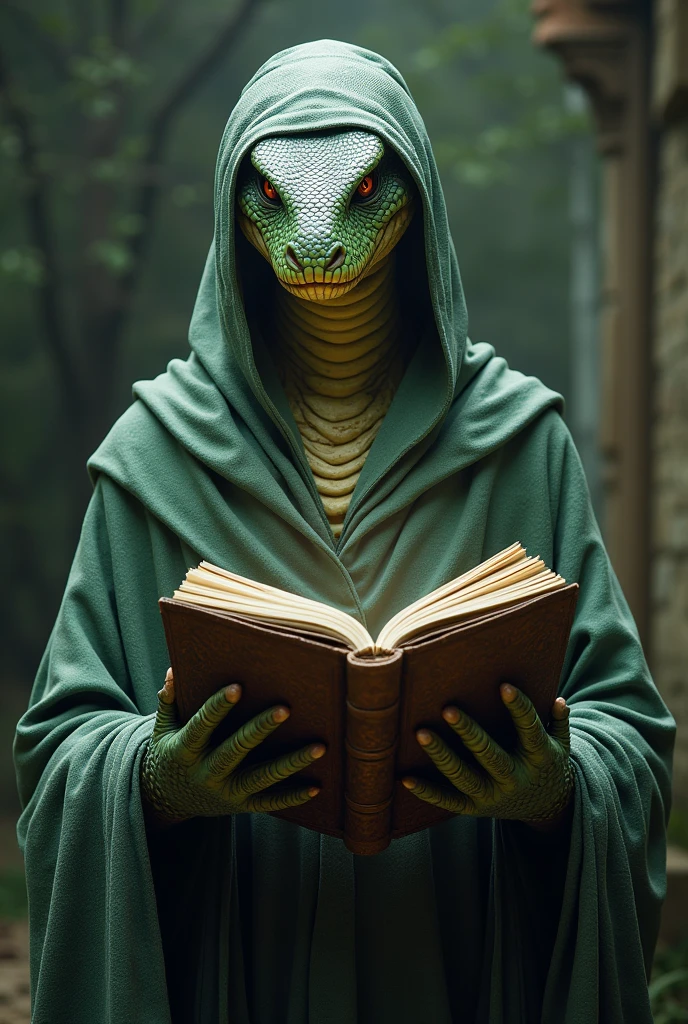 A wizard who is a mix of a human and a serpent. Its constitution and arrangement of limbs is humanoid., but his slitted eyes and his scales present both on his hands, as in the neck indicate its serpentine nature. He wears a robe and carries a grimoire of spells..