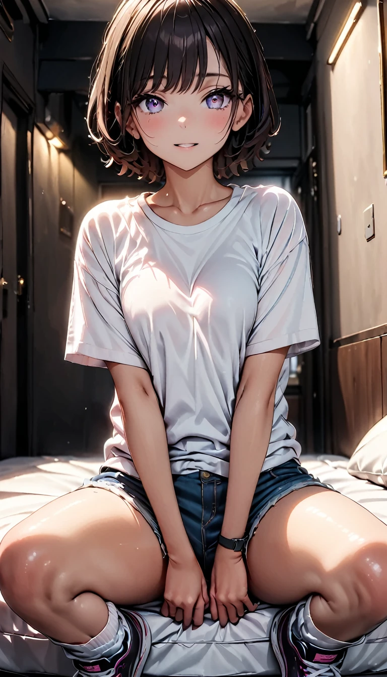 RAW Photos, , ((Highest quality, 8k, masterpiece:1.3)), Sharp focus on people: 1.2,Sitting on the bed:1.5, Blur the background:1.1 ,low angle wide shot, Cool look,Below-the-knee loose socks, The upper body is plainTshirt:1.0,Denim shorts for the lower body,Beautiful woman:1.4, Pink mesh on black hair, (In a dimly lit hotel room: 1.4), , Highly detailed face and skin texture, fine grain, double eyelid, short hair,Rainbow Eyes,sneakers,Smart Watches,