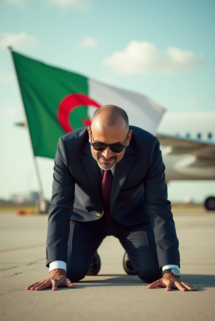 Algerian flag green white crescent moon 5-pointed star red a man kisses the airport tarmac in Algeria with a suit and sunglasses and a tie