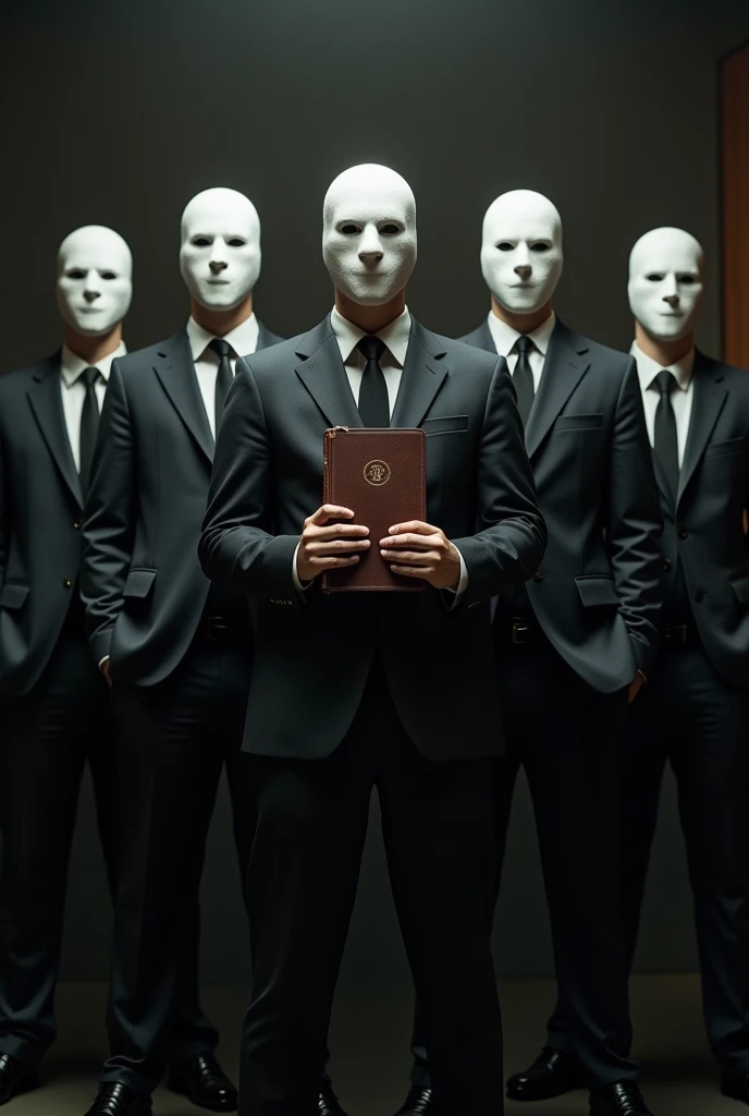 5 men in suits and with their faces covered by masks standing side by side holding a bible with a light dark background