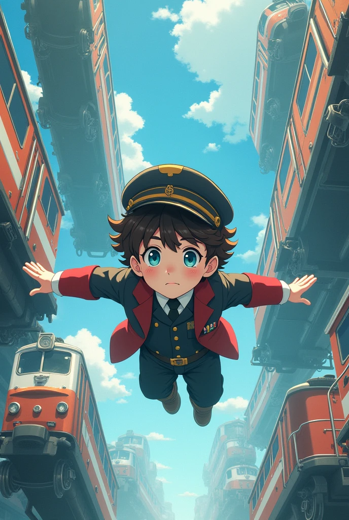 Japanese anime manga style young boy dressed in a train conductor's suit and cap with a face completely hidden by a white mask where we can see his blue eyes his hair in the shape of large brown curls, the boy flying in a world where we see trains falling from the sky