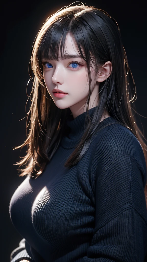 masterpiece, Highest quality, Very detailed, To the camera, 複雑に詳細なVery detailedな, Realistic, Sharp features, Very detailed, Sharp focus, Perfect Face, Perfect Face, Perfect symmetry and perfect eyes, Perfect Plump Lips, Flexible female form, Cinematic, Film Light, Very detailedな, hyper Realistic, masterpiece, Atmospheric, High resolution, Vibrant, Dynamic Studio Lighting, ((Dark Background)), The facial expression when feeling happy, Straight bangs, blue eyes,Black sweater, Cowboy Shot, Big Breasts,