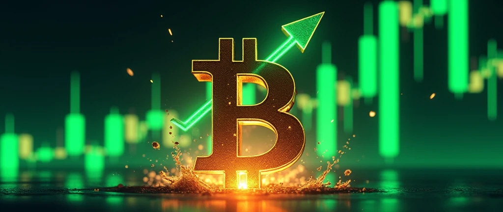 Create an image featuring a Bitcoin ($BTC) icon in the foreground with a green candlestick chart as the background. The Bitcoin icon should have an upward-pointing arrow, symbolizing a bullish market. Below the Bitcoin icon, depict a visual of the market 'hitting the ground' and then blasting off with the arrow pulling back upward, suggesting a strong market rebound. The image should convey a sense of momentum and energy, reflecting a powerful market move