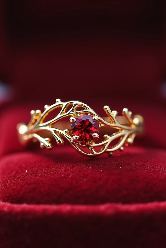 Image of a gold-colored engagement ring in the shape of branches with red diamonds, in a velvet box