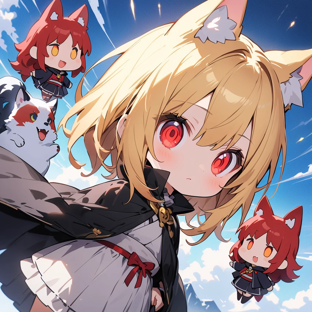 masterpiece, best quality, 非常にdetailedな, number, A girl, long yellow hair, Bright red eyes, Wolf ears, Black cape, Fluffy collar, morning、(Chibi characters:1.6)、(best quality、masterpiece、high resolution、detailed)、Japanese cartoonsスタイル、Flat style、(Shining eyes、detailed美しい顔), rest、extremely detailed、High Saturation,Dynamic Angle、Japanese cartoons