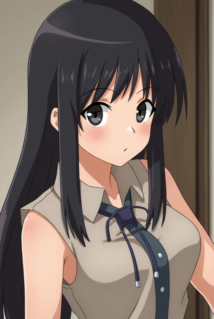 1girl, akiyama mio, k-on!, nude, collarbone, nipples, areola, nose blush, Shy laugh,hands on knees, smile