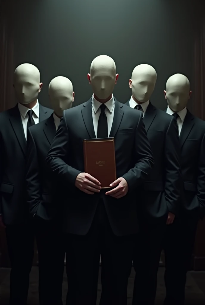 5 men in suits and with their faces covered by masks standing side by side holding a bible with a light dark background