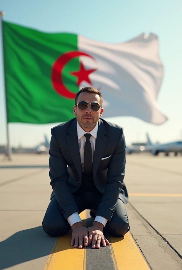 Algerian flag green white crescent moon 5-pointed star red a man kisses the airport tarmac in Algeria with a suit and sunglasses and a tie