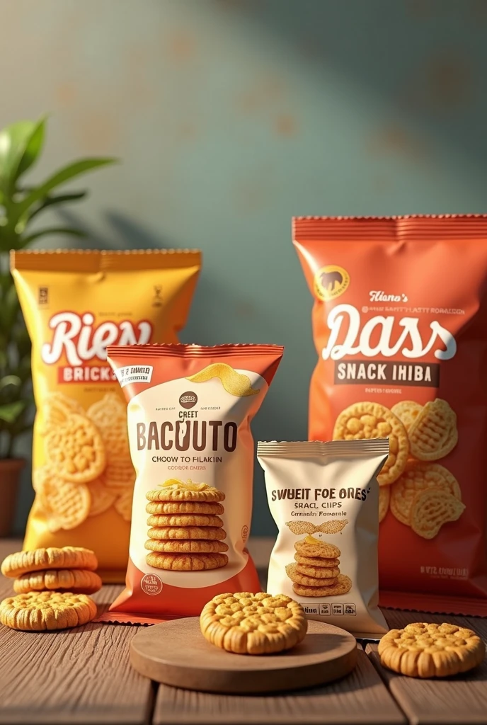 bagged chips sweet biscuits in their package on a wooden table
