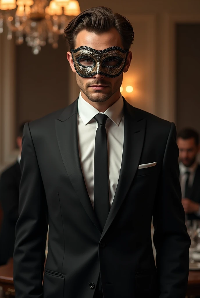 Man with brown curly hair in suit and ball mask covering his face, fully body