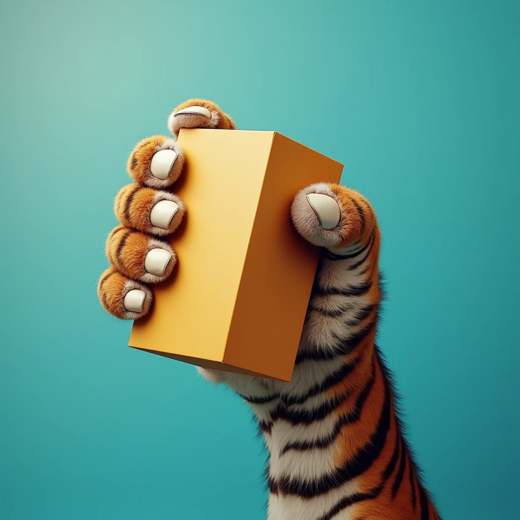 Generate me an image where I can only see a tiger paw holding a cereal box that measures 28.6 cm high, 19.2 cm wide and 5.7 cm thick and the background is a horizontal linear gradient from #134cb9 to #00abff