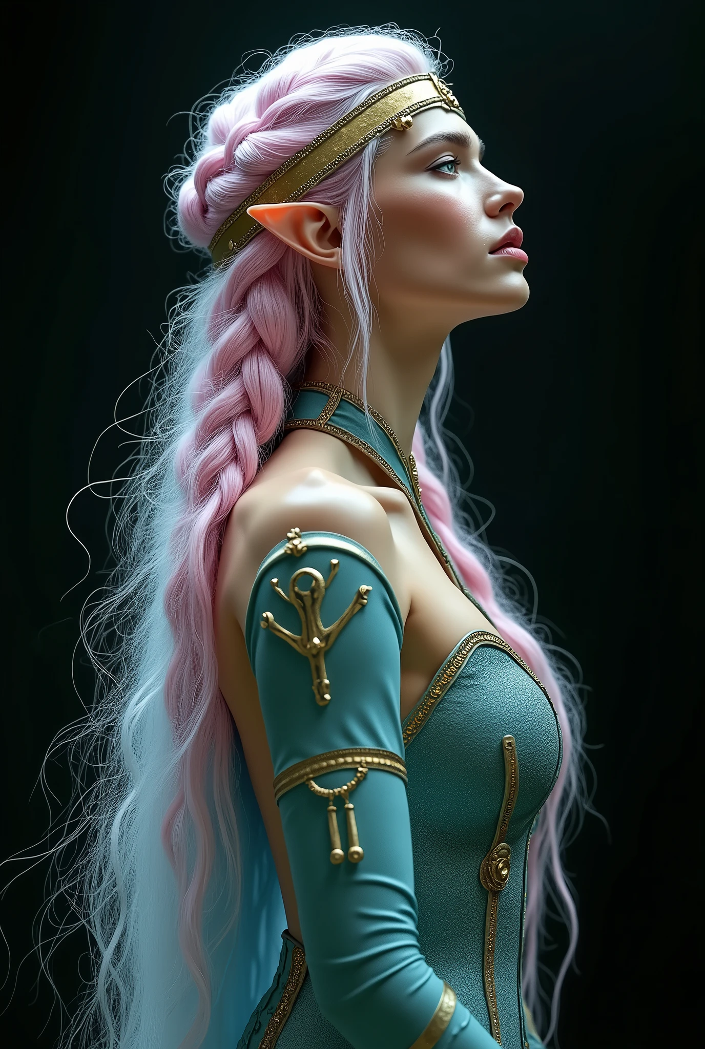 GISELE BUNDCHEN AS A GORGEOUS ELVE WARRIOR , WARRIOR WOMAN, BUST IMAGE STYLE, STUDIO IMAGE STYLE, BLACK INFINITE BACKGROUND, DIFFUSED LIGHTS ON FACE, BACK LIGHTS ON HAIR, LUMINOUS PINK BLUE HAIR, CLOSE FACE SHOT, HUGE LONG HAIR, HUGE STRAIGHT LONG HAIR, BRAID HAIR STYLE, PLATINUM EYEBROWS, LIGHTNING GREEN EYES, VERY PALE SKIN, LUMINOUS SKIN, FEMALE FAIRY, TOLKIEN MITHOLOGY, EXPOSED LONG TIP EARS, HIGH CHEEKBONES, ROSY CHEEKS, GORGEOUS LIPS, SOFT LIPSTICK, GORGEOUS CURVY BODY, SOFT MUSCLES, VOLUMOUS BREASTS, BLUE GREEN ARMOUR, FULL BODY ARMOUS, FLAT BOOTS, NECK CLEAVAGE, LONG BRACELETS, GOLD DETAILS, GOLDEN HEADBAND , ENIGMATIC FACE EXPRESSION, SIDE FACE VIEW, EYES LOOKING UP, TOLKIEN MITHOLOGY, HIGH QUALITY IMAGE, MASTERPIECE, 8K