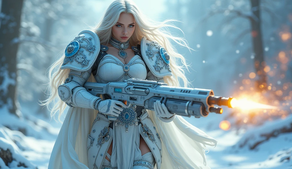 a beautiful woman with long platinum blonde hair, porcelain skin, ice blue eyes, sexy sisters of battle from the warhammer 40k, shooting at the enemy, frosty white and light blue space marine armor with intricate details, religous symbols on the armor, sisters of battle, warhammer 40k, Massive silicone breast, pale skin, seductive, temptation, eat your soul, clevage, , standing in a magical winter wonderland with snow-covered trees and frozen lakes, intricate ice crystals and snowflakes surrounding her, (best quality,4k,8k,highres,masterpiece:1.2),ultra-detailed,(realistic,photorealistic,photo-realistic:1.37),fantasy,digital art,cinematic lighting, highly detailed armor, intricate futuristic weaponry, gritty and realistic, mecha, science fiction, hyper-detailed, photorealistic, award winning digital art, 8k, HDR, masters work, in the middle of a battle field, full body combat action pose, explosions and fire around, full war, charging, running forward, attacking, stunning, Stilleto heels, high heels, full body pose, cinematic, dust and debree, combat screams, attacking, shooting at the enemy, sisters of battle, warhammer 40kdramatic color palette,frozen landscape,ice powers,snow queen
