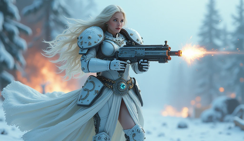 a beautiful woman with long platinum blonde hair, porcelain skin, ice blue eyes, sexy sisters of battle from the warhammer 40k, shooting at the enemy, frosty white and light blue space marine armor with intricate details, religous symbols on the armor, sisters of battle, warhammer 40k, Massive silicone breast, pale skin, seductive, temptation, eat your soul, clevage, , standing in a magical winter wonderland with snow-covered trees and frozen lakes, intricate ice crystals and snowflakes surrounding her, (best quality,4k,8k,highres,masterpiece:1.2),ultra-detailed,(realistic,photorealistic,photo-realistic:1.37),fantasy,digital art,cinematic lighting, highly detailed armor, intricate futuristic weaponry, gritty and realistic, mecha, science fiction, hyper-detailed, photorealistic, award winning digital art, 8k, HDR, masters work, in the middle of a battle field, full body combat action pose, explosions and fire around, full war, charging, running forward, attacking, stunning, Stilleto heels, high heels, full body pose, cinematic, dust and debree, combat screams, attacking, shooting at the enemy, sisters of battle, warhammer 40kdramatic color palette,frozen landscape,ice powers,snow queen