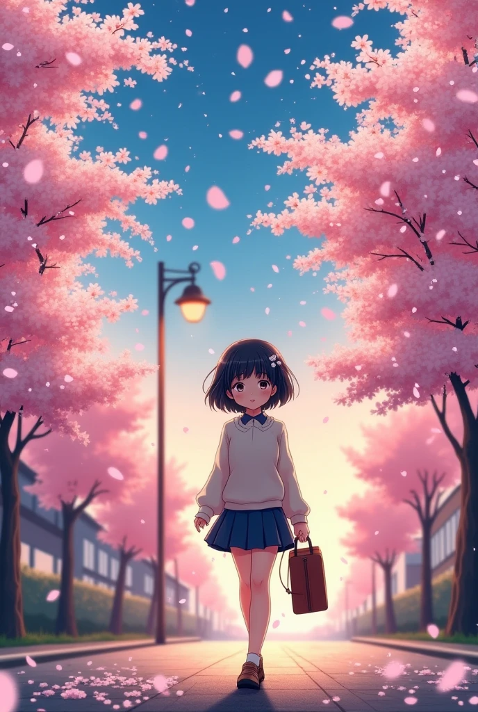 Anime, cartoon rendering, illustration,2D, 2d digital art,Fine contour lines,, sharp illustrations,break,(Eyes small;0.9),Cherry blossoms in full bloom, cherry blossom snowstorm, female student, holding student bag with both hands, break,Boyish pretty woman, short cut, black hair, hairpin, shy face, high school girl, break, return home at dusk, melancholy, sentimental