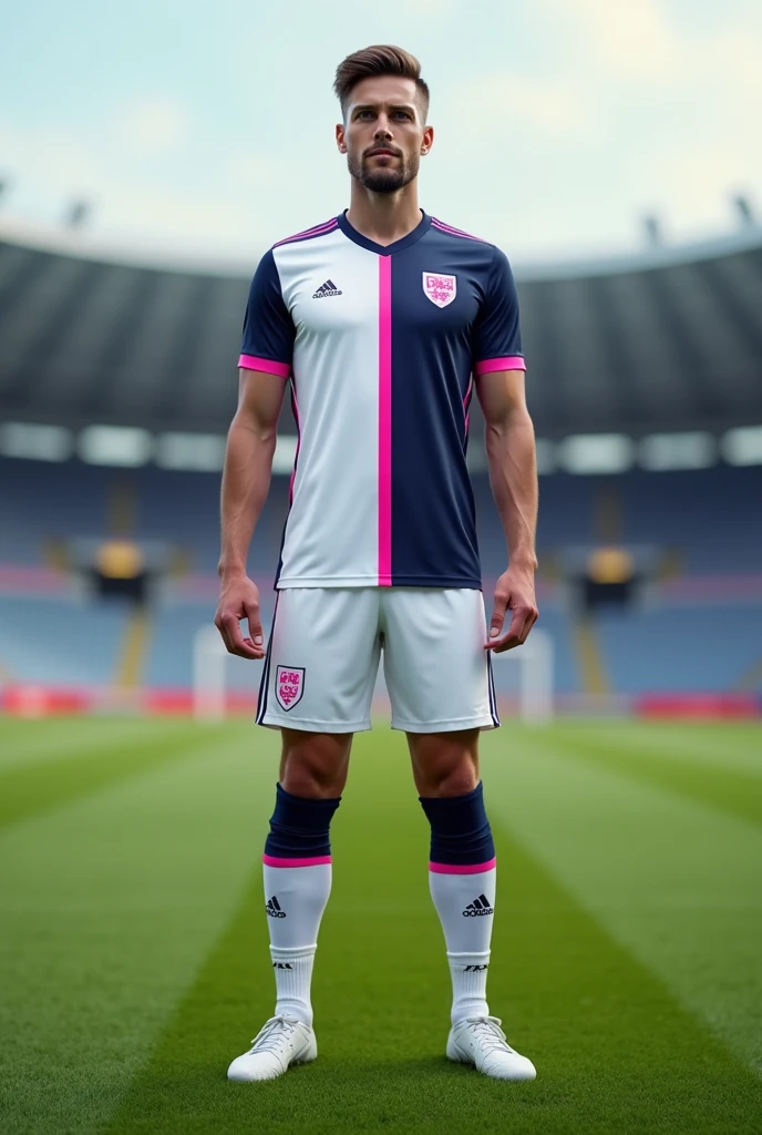 Create a white and navy blue soccer uniform, with pink details